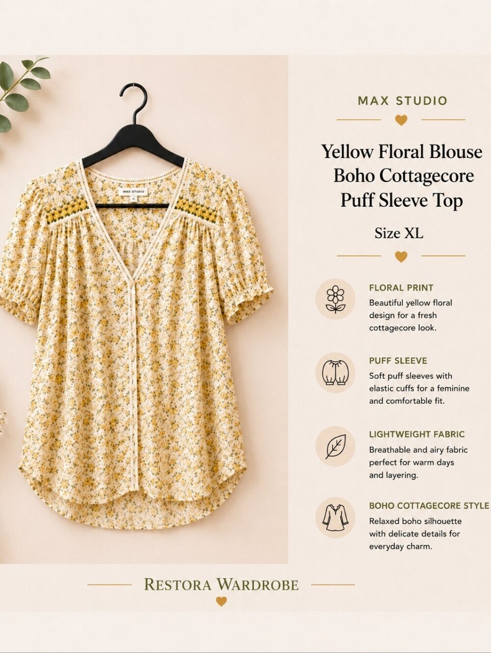 Max Studio Yellow Floral Blouse XL Puff Sleeve Cottagecore Boho Top